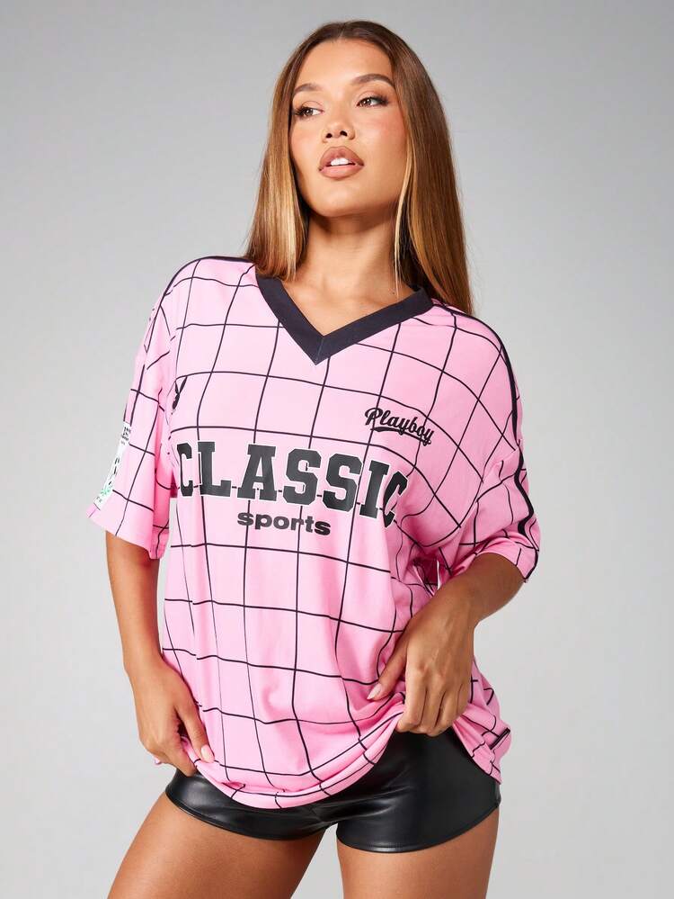 Missguided x Playboy Klasyczna sportowa koszulka piłkarska w dużym rozmiarze, wzór siatki, styl retro, numer 53, baseball, odzież uliczna, modny top