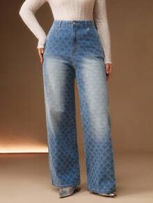 Anewsta Fashionable Diamond Embellished Women's Straight Leg Blue Jeans - Blue - View 5