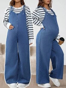 SHEIN Pregnant Fall Autumn Winter Halloween Christmas New Year Commuting Vacation Travel Old Money Style Fashionable Solid Retro Washed Women's Solid Color Knotted Strap Casual Denim Bib Pants And Blue Jumpsuit Women's Maternity Denim Overalls Adjustable Strap Wide Leg Jeans For Pregnancy Comfort