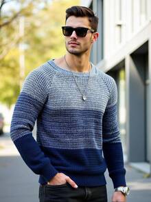Manfinity Homme Plus Size Men's Contrast Color Round Neck Raglan Sleeve Casual Sweater, Autumn/Winter - Multicolor - View 4