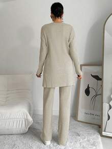 EURMUSE 2pcs Women Side Slit Top And Pants Set - Beige - View 2