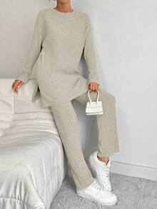 EURMUSE 2pcs Women Side Slit Top And Pants Set - Beige - View 6