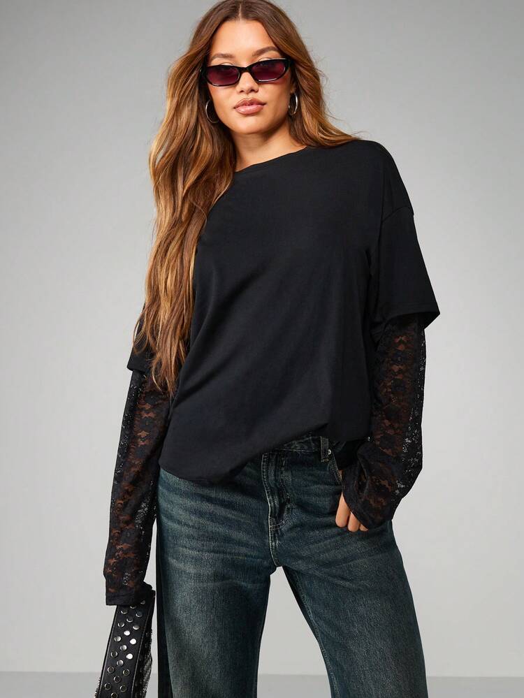 MISSGUIDED Oversized Black T-Shirt With Lace Long Sleeves Casual Fashion Layered Style Fall Winter Basic Holiday Elegant Ladies Everyday Wear Two Tone Design