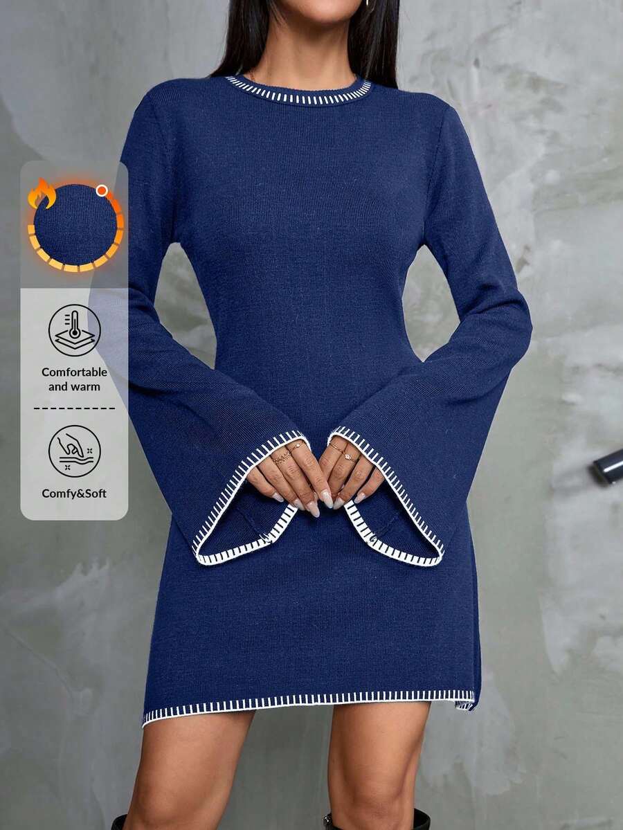 EURMUSE Women Color Block Sweater Dress With Striped Edges,Petite - Navy Blue - View 1