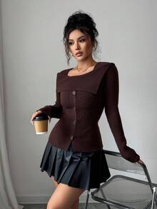 SHEIN Elenzya 女式方领斗篷式毛衣 - 棕色 - 查看 3