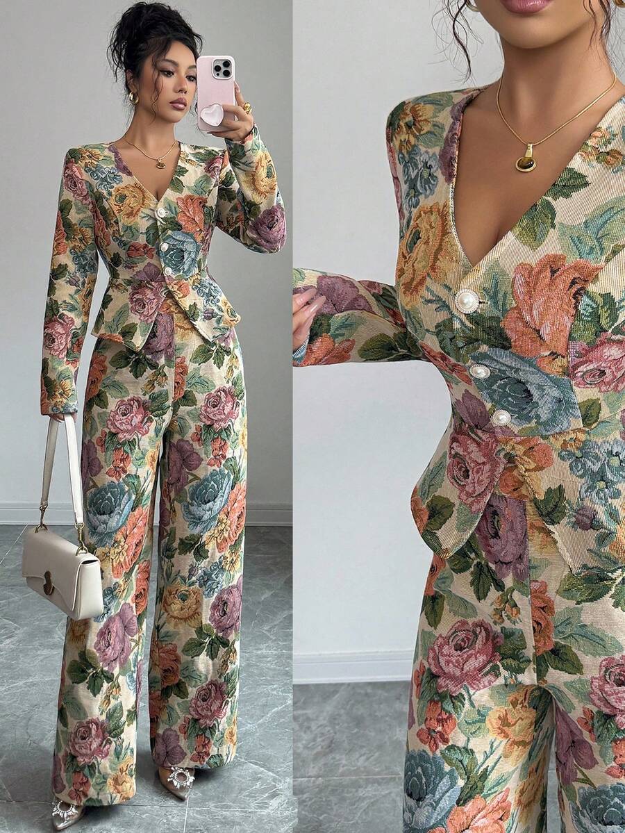 SHEIN Elenzya 女士优雅提花无弹力套装，秋冬 - 杏色 - 查看 1