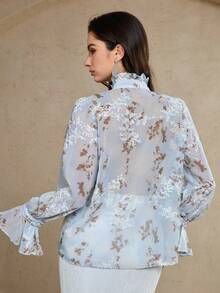 DAZY Chemisier élégant à col à volants en dentelle florale et patchwork pour femmes, Top à manches longues pour l'automne