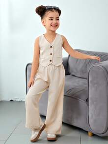 SHEIN Nova Glow 女童休闲春夏纯色无袖上衣和裤子套装