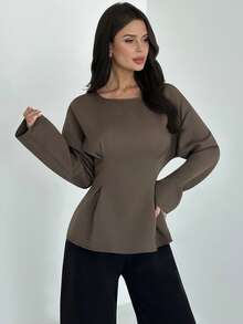 Firerie 女士优雅通勤休闲复古竹纹圆领长袖收腰褶皱 X 型常规衬衫，适合秋冬季、工作、旅行、毕业、日常穿着 - 咖啡棕 - 查看 7