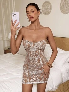 Aloruh Vestido mini de mujer para otoño/invierno, vestido sin tirantes con tela bordada con lentejuelas, vestido de fiesta, vestido de cita, vestido para el té de la tarde - Blanco - Ver 7