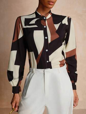 SHEIN Veneréa Women's Elegant Stand Collar Long Sleeve Cardigan Shirts For Women Elegant