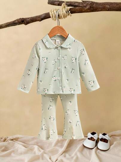 SHEIN 2 Stücke Baby Mädchen Blümchen Hemd und weite Hose Set, Langarm gestricktes Blümchen Lässig Outfit