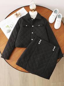 2pcs Girls' Black Solid Quilted Long Sleeve Cardigan And Skirt Set