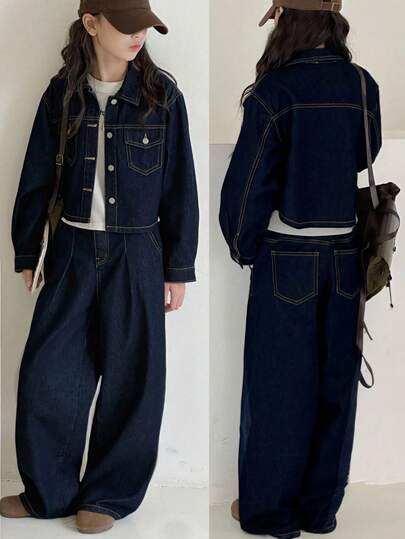 2件套青少年女孩海军蓝牛仔翻领长袖宽松裤套装