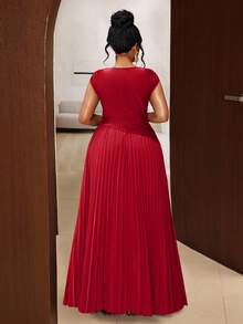 Maweii Mawei New Year Plus Size Elegant Solid Color Pleated Round Neck Sleeveless Dress - Burgundy - View 2