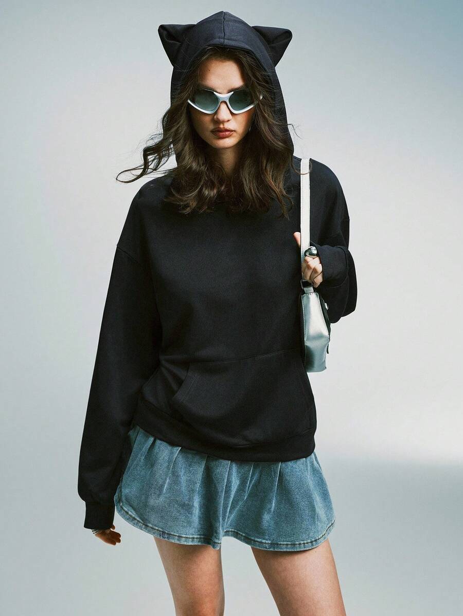 Airlisse 女士秋冬猫耳爪印卫衣，休闲宽松长袖套头衫 - 藏蓝色 - 查看 1