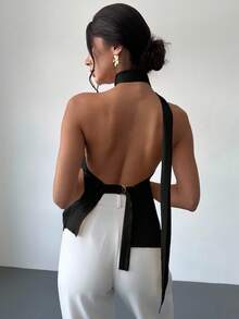 Firerie Ladies New Style Asymmetric Metal Button Casual Elegant Backless Sleeveless Top/Cute Top/Elegant Off-Shoulder Top/Imitation Silk Satin Texture Top/Backless Strappy Top,Black Top,Sexy Top - Black - View 5