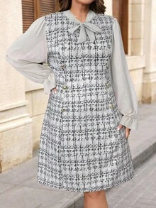 Chikora 大码女式领结格子金属纽扣设计长袖优雅连衣裙 - 灰色 - 查看 9