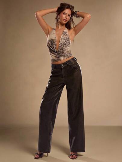 SHEIN BAE Animal Print Draped Neck Tank Top