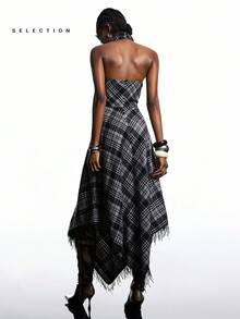 LYSMO Vestido largo asimétrico con escote halter y espalda descubierta a cuadros de moda - Multicolor - Ver 2