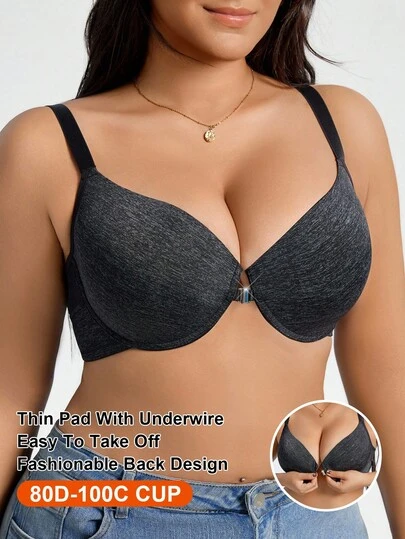 1pc Wireless Minimalist Seamless Padded Front Closure Plus Size Bra, Lift