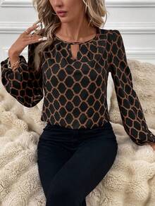 SHEIN Clasi 女士优雅缺口领几何印花长袖衬衫，适合通勤 - 彩色 - 查看 6