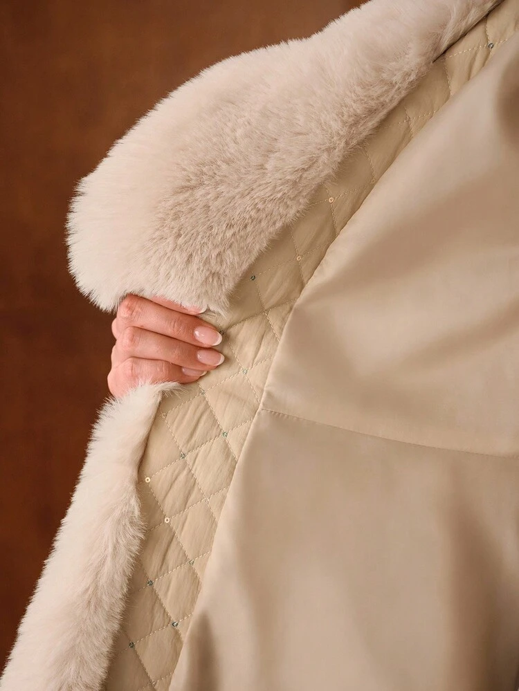WOMEN'S SEQUIN FURRY COLLAR CINCHED WAIST BELTED QUILTED WINTER COAT
