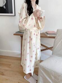 1件套女士春秋韩版简约舒适浴袍睡衣粉色蝴蝶结休闲宽松家居服睡衣速干吸汗浴袍适合泡温泉情侣款浴袍 - 粉色 - 查看 7
