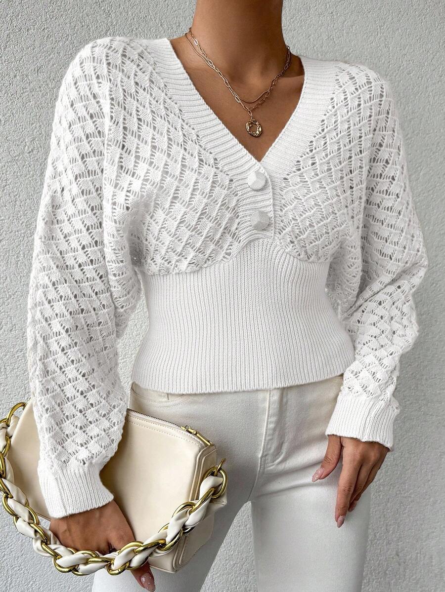 EURMUSE V-Neck Button Casual Long Sleeve Pullover Solid Color Knit Sweater - White - View 1