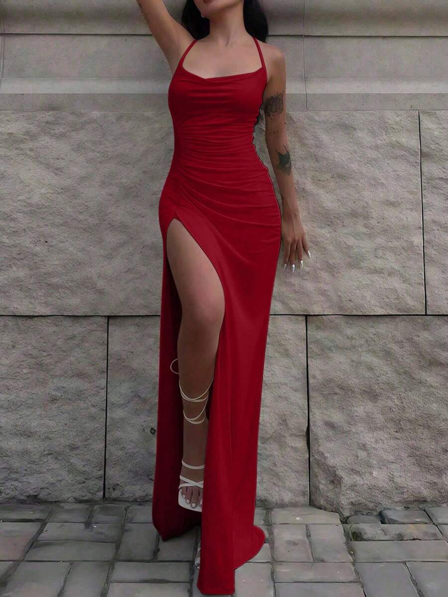 INAWLY Fitted Sexy Plunging Neck Ruched Slit Criss-Cross Strap Dress - Burgundy - View 1