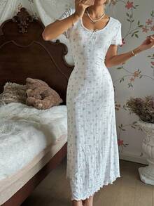 CottageSlumber 花卉蝴蝶结装饰修身女式连衣裙 - 白色 - 查看 3