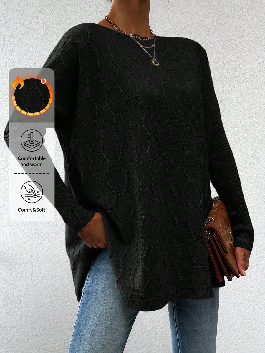 EURMUSE Women's Boat Neck Drop Shoulder Slit Hem Sweater - Black - View 1