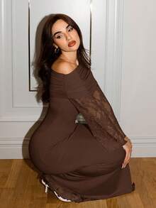 Modelyn 女式优雅派对纯色蕾丝拼布侧开衩连衣裙 - 棕色 - 查看 3