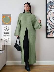EURMUSE Suéter de manga larga con cuello alto y manga raglán para mujer de talla grande con bajo dividido - Verde - Ver 1