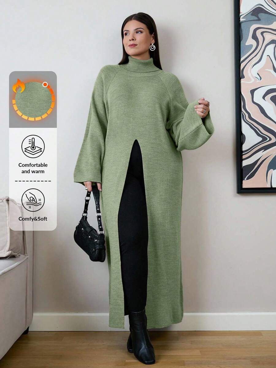 EURMUSE Suéter de manga larga con cuello alto y manga raglán para mujer de talla grande con bajo dividido - Verde - Ver 1