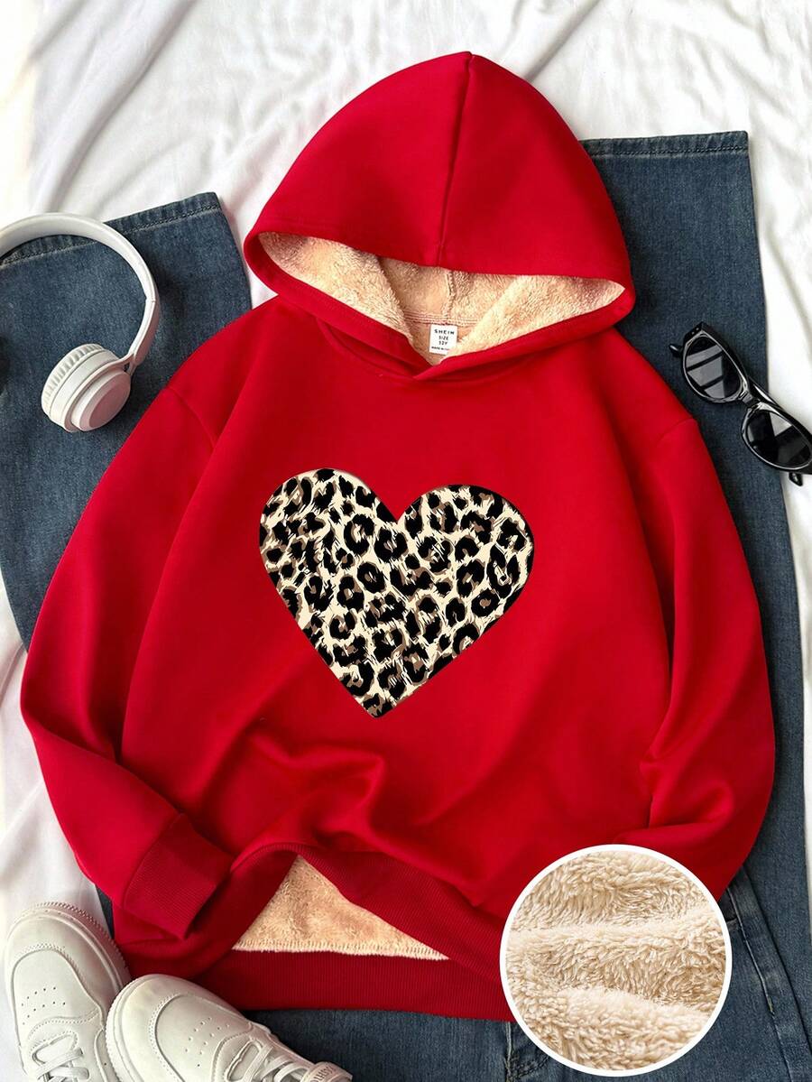 Sparklyn Áo sweatshirt dài tay dáng rộng, thanh lịch, phong cách vintage họa tiết da báo và trái tim dành cho bé gái tuổi teen, thích hợp mặc ngoài. - Đỏ - Xem 1