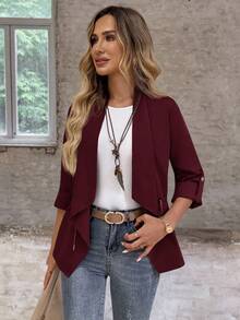 EMERY ROSE Áo khoác trench coat nữ tay dài, eo rút dây màu trơn, mùa thu - Màu Đỏ Sâu - Xem 4