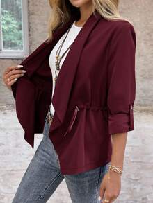 EMERY ROSE Áo khoác trench coat nữ tay dài, eo rút dây màu trơn, mùa thu - Màu Đỏ Sâu - Xem 8