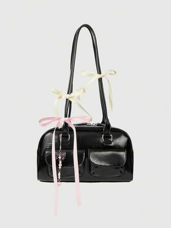 Kawaii Borsa a tracolla retrò e carina da donna con motivo a quadri, fiocco e decorazione a cuore con ciliegie, borsa a spalla Boston con tasche multiple