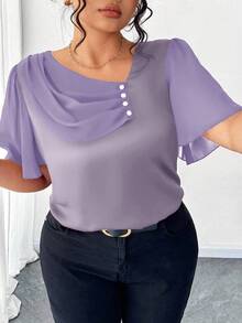 Elenzga Áo cánh tay ngắn thanh lịch cổ bèo nhún bất đối xứng cỡ lớn có nút trang trí - Bụi tím - Xem 3