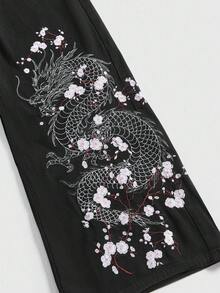 ROMWE Avant Vintage Fashion Dragon & Plum Blossom Embroidery Loose Fit Straight Leg Relaxed Jeans