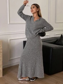 DAZY 女士休闲针织毛衣和裙子两件套，秋季 - 灰色 - 查看 6