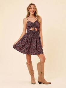 Coeurva Vestido primaveral con estampado floral diminuto, cordón de ajuste y corte con abertura frontal - Multicolor - Ver 4