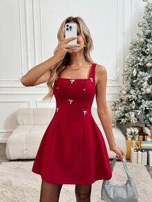 Easowa 女士优雅水钻装饰方领腰部修身连衣裙 - 紅色 - 查看 2