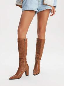 Styleloop 女式绒面尖头高跟弹力靴，防滑软底细跟中筒靴，适合秋冬季 - 棕色 - 查看 5