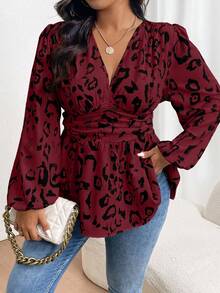SHEIN Clasi Plus Size All-Over Print V-Neck Pleated Casual Long Sleeve Shirt Peplum Top - Multicolor - View 7