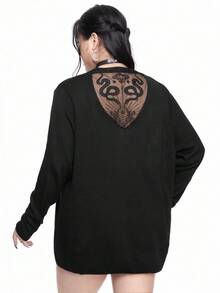ROMWE Goth 大码女式哥特式花卉蛇纹印花网眼拼布薄开衫 - 黑色 - 查看 8