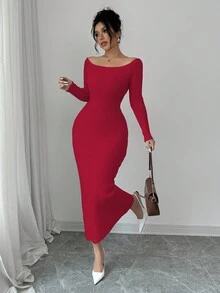 Elenzga Vestido de punto elegante de unicolor, ajustado, con hombros descubiertos, espalda descubierta y lazo, para otoño - Rojo - Ver 5