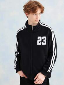 SHEIN Explorewe 1 件男童休闲条纹图案印花立领夹克，百搭运动风格 - 黑色 - 查看 8