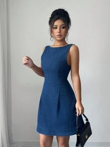 Siren Gaze 女式休闲无袖露背牛仔连衣裙，夏季 - 藍色 - 查看 3